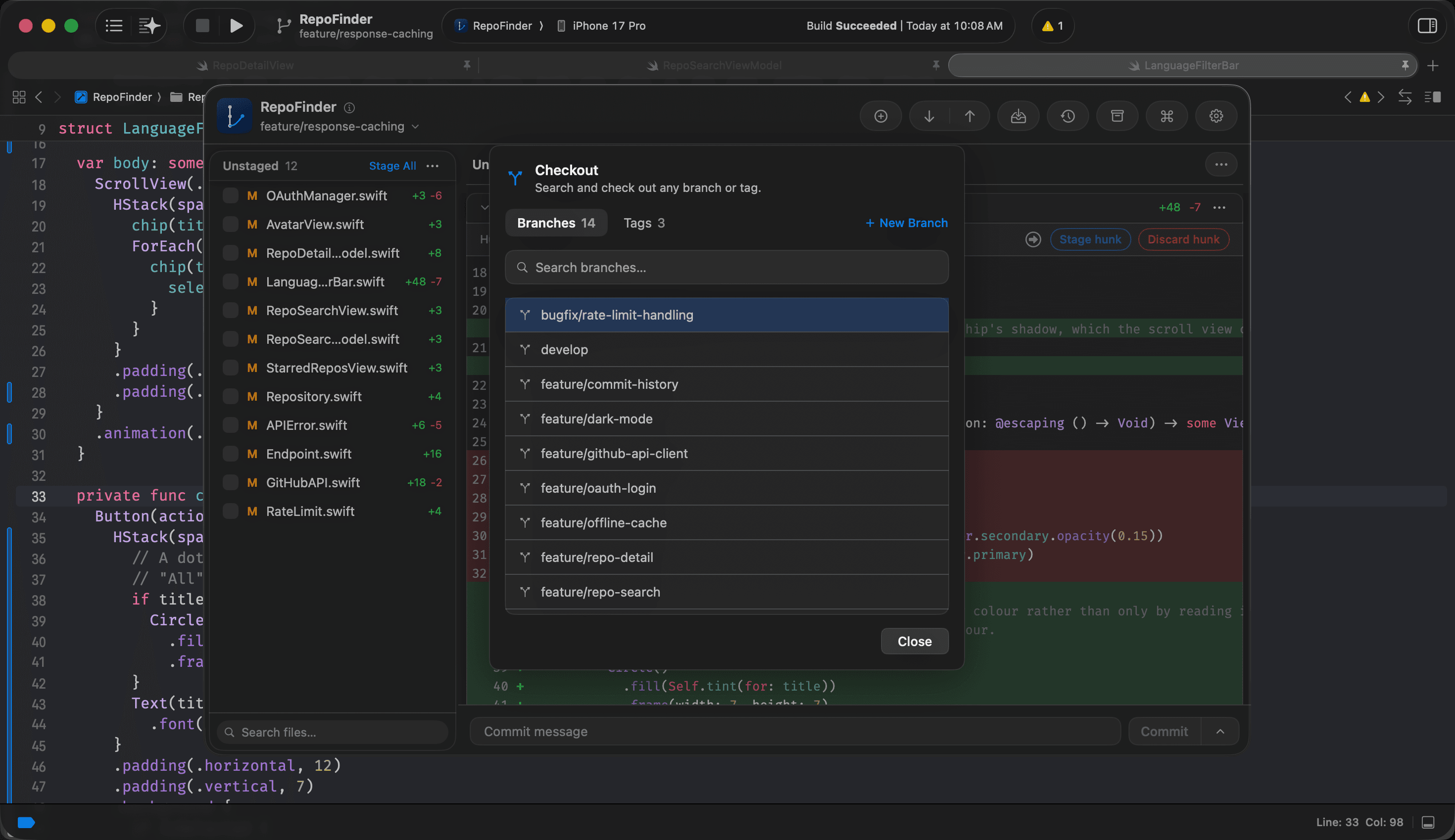 Gitwyn checkout panel searching branches and tags