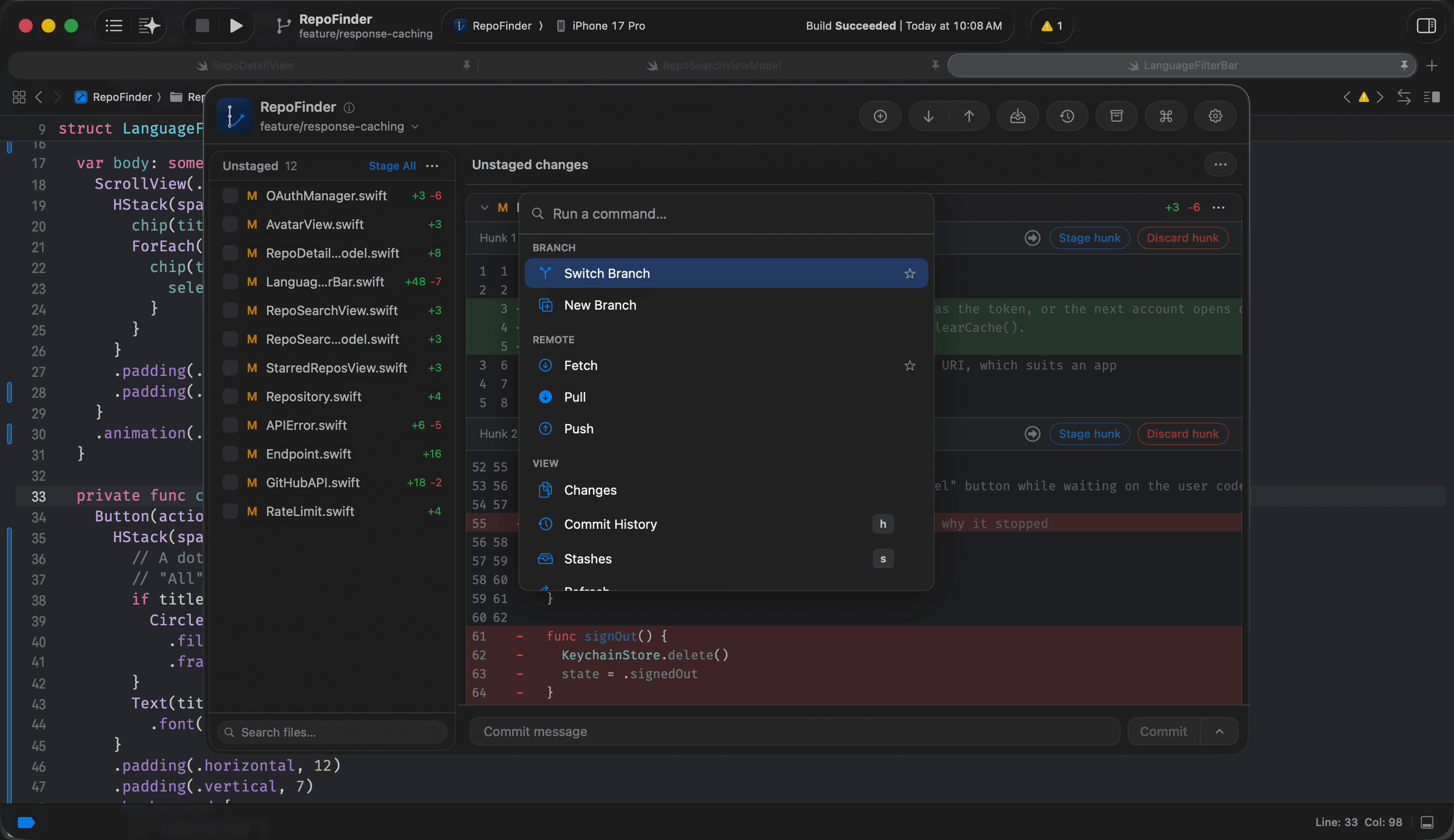 Gitwyn command panel listing every command in the app beside its keyboard shortcut