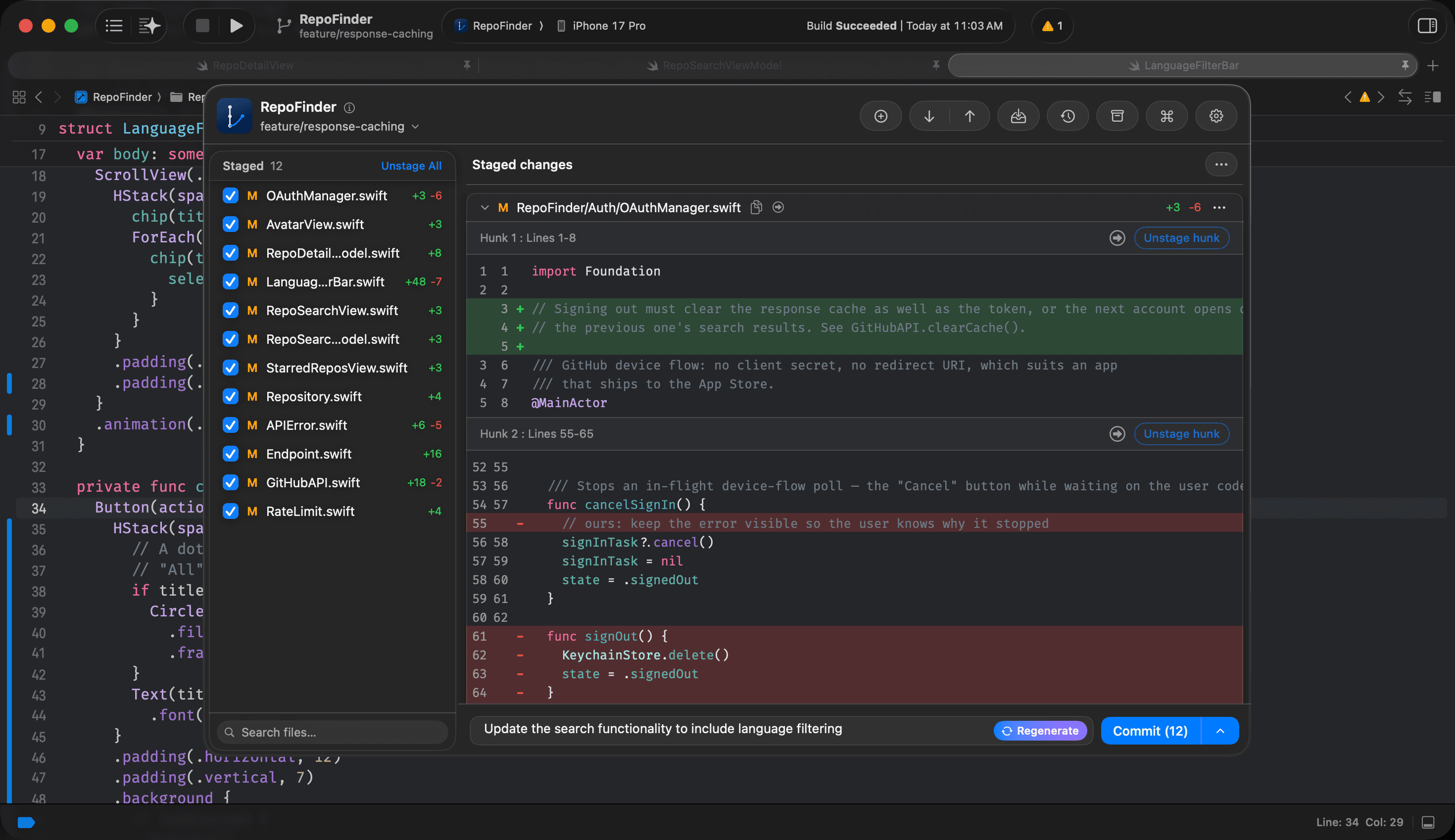Gitwyn commit bar with the Generate button that drafts a commit message from the staged diff