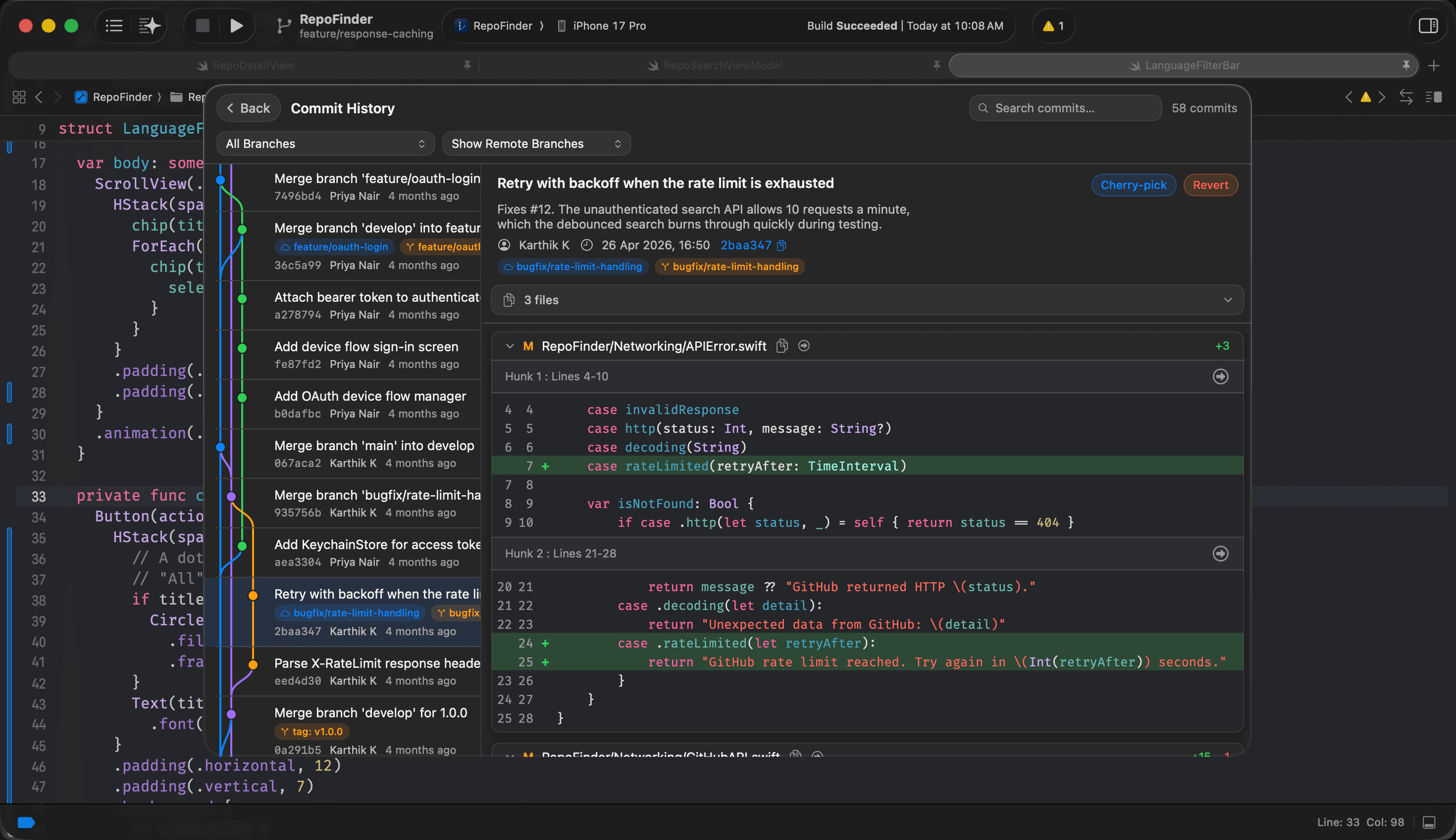 Gitwyn commit graph with a color-coded branch history and inline diff