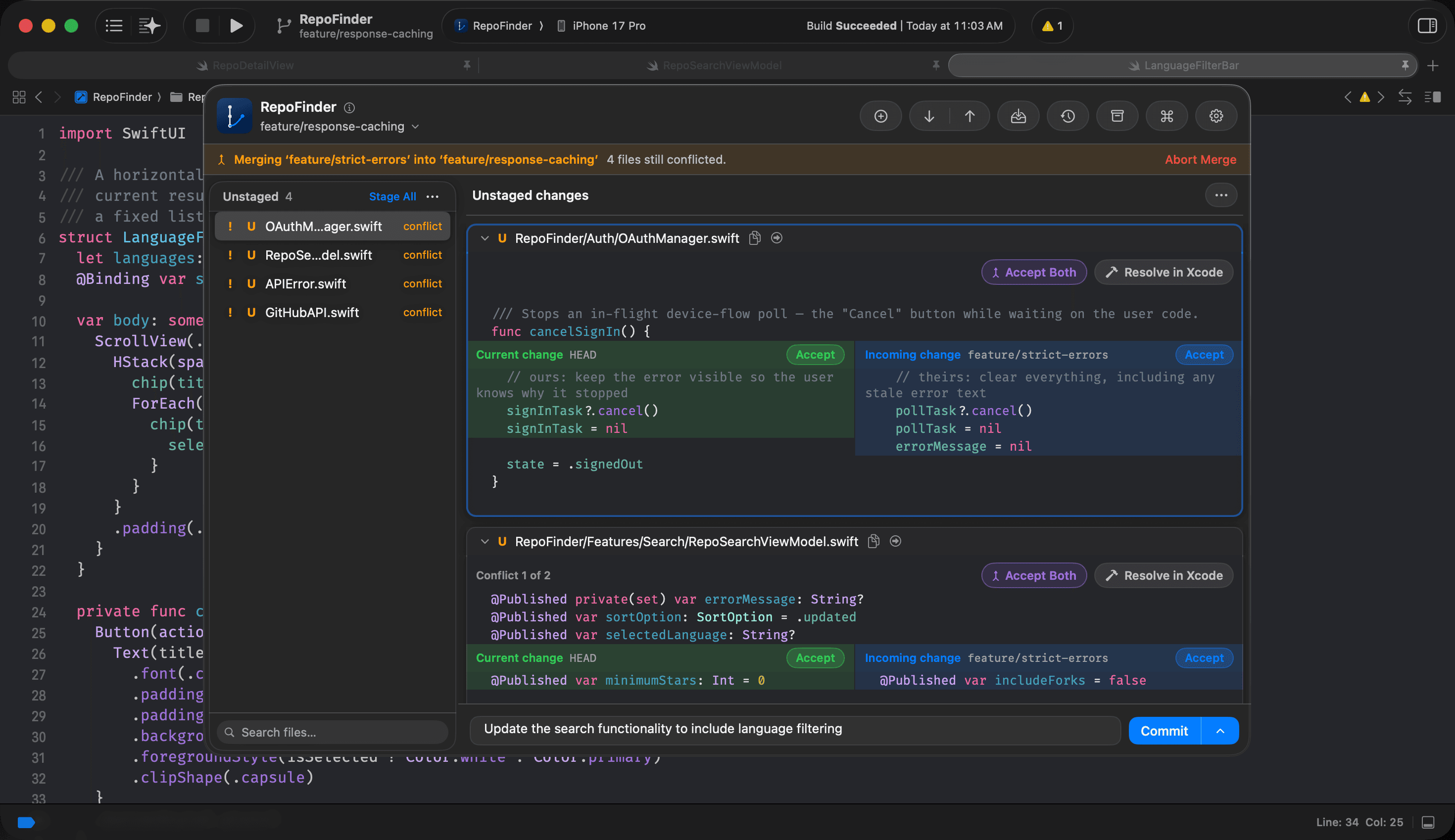 Gitwyn merge conflict view showing current and incoming changes side by side with Accept buttons