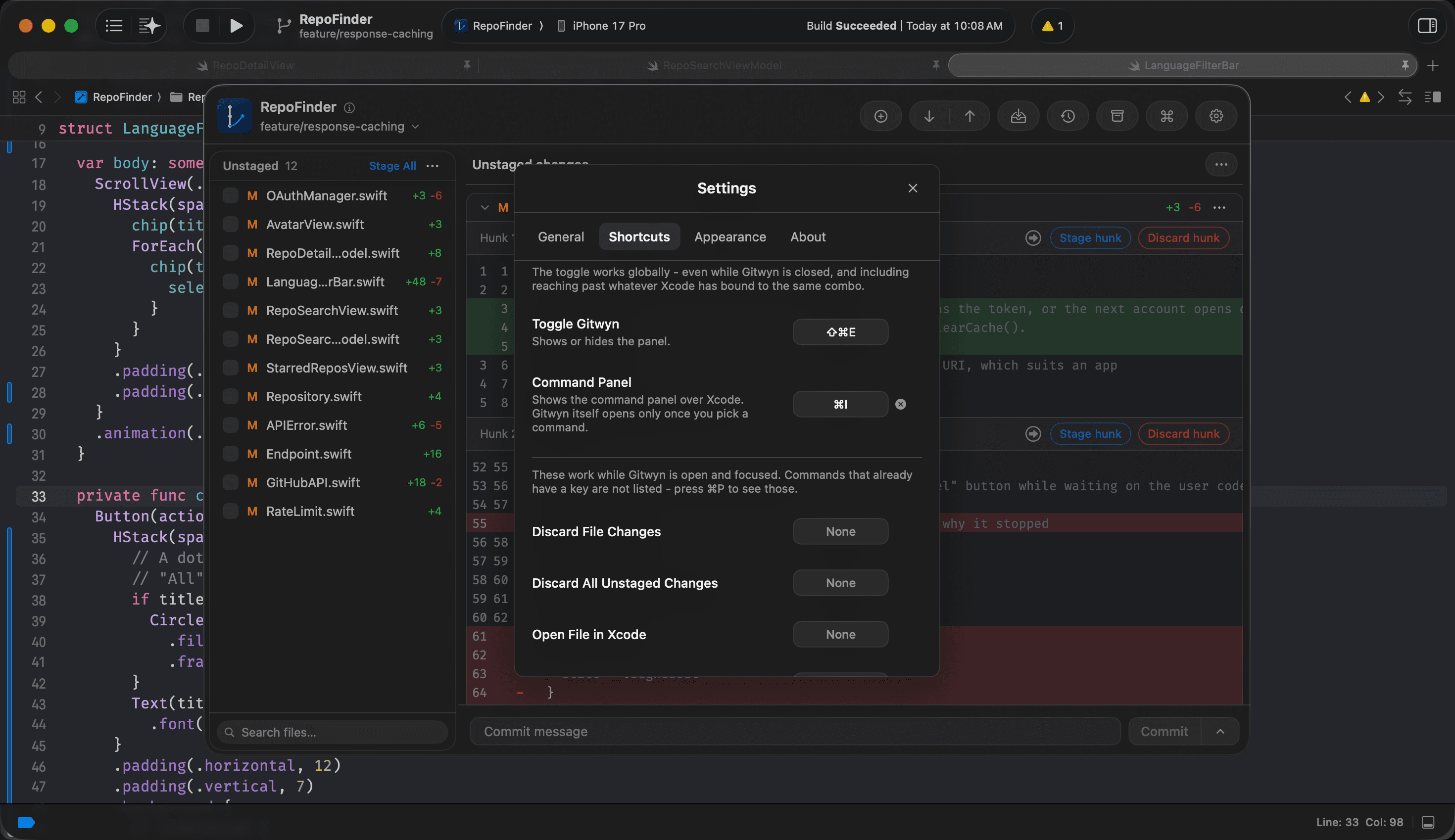 Gitwyn settings, where every action in the app can be given its own keyboard shortcut